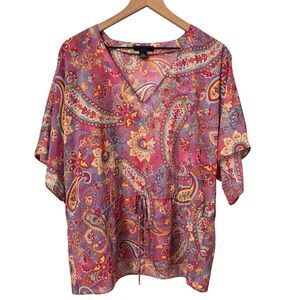 Chaps Floral Paisley Tunic Blouse Large Semi-Sheer V-Neck Pullover Metallic Boho